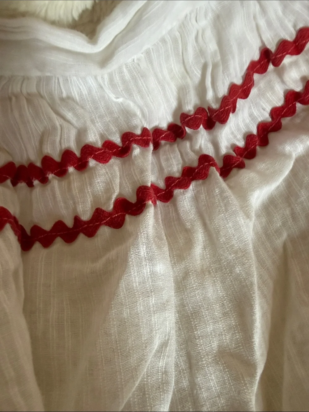 Vintage Sheer White Cotton Half Apron Red Ric Rac Tropical Cactus Print Pocket